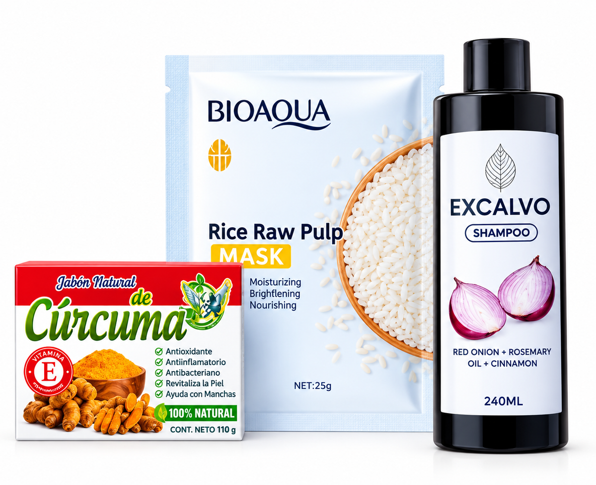 SHAMPOO EXCALVO FRENA LA CAIDA DEL CABELLO Y LO FORTALECE    +  MASCARILLA FACIAL Y JABON DE CURCUMA